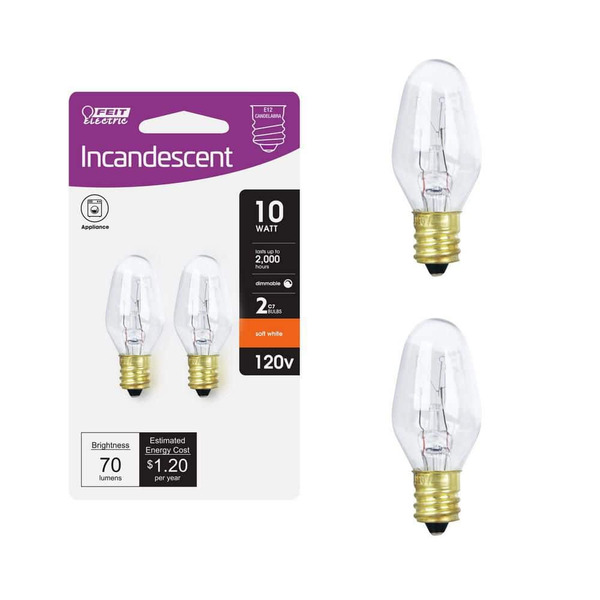 Feit Electric 10-watt Soft White (2700k) C7 Candelabra E12 Base Dimmable Incandescent Appliance Light Bulb (2-pack)