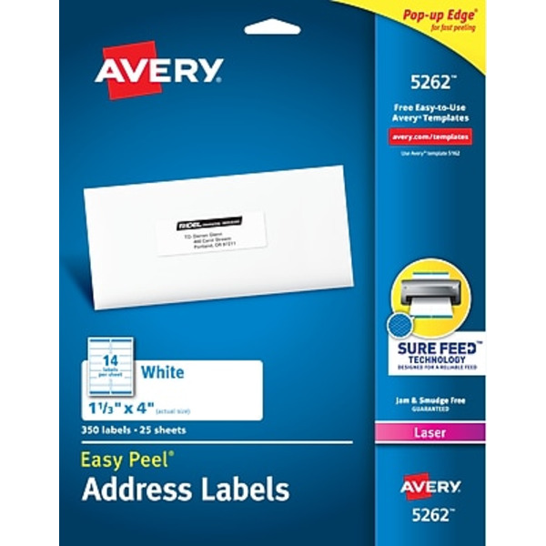 Avery 5262 14 Per Sheet 1-1/3" x 4" White Easy-Peel Laser Address Labels