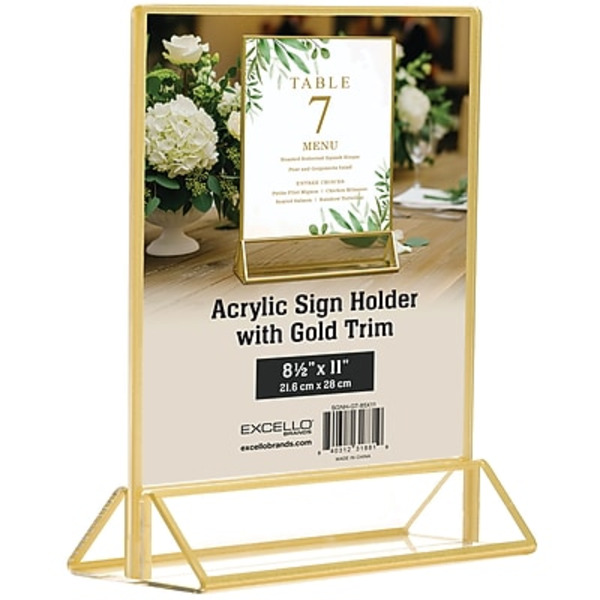 Excello Vertical Acrylic Sign Holder, 8.5 x 11 in - Gold