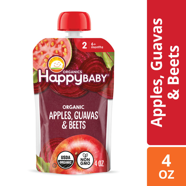 Happy Baby Organics Organics Stage 2 Baby Food Pouches, Gluten Free, Vegan & Healthy Snack, Clearly Crafted Fruit & Veggie Puree, Apples, Guavas & Beets, 4 oz.