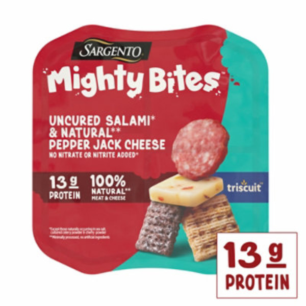 Sargento Mighty Bites™ Uncured Salami, Natural Pepper Jack Cheese, Triscuit® Mini Original Crackers, Milk Chocolate Cereal Pieces Snack Kit, 2.8 oz