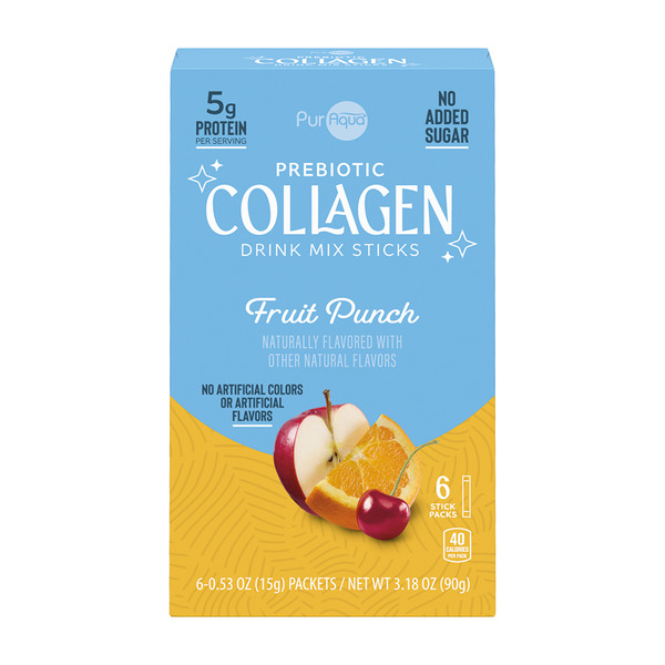 PurAqua Fruit Punch Prebiotic Collagen Drink Mix Sticks, 6 Count