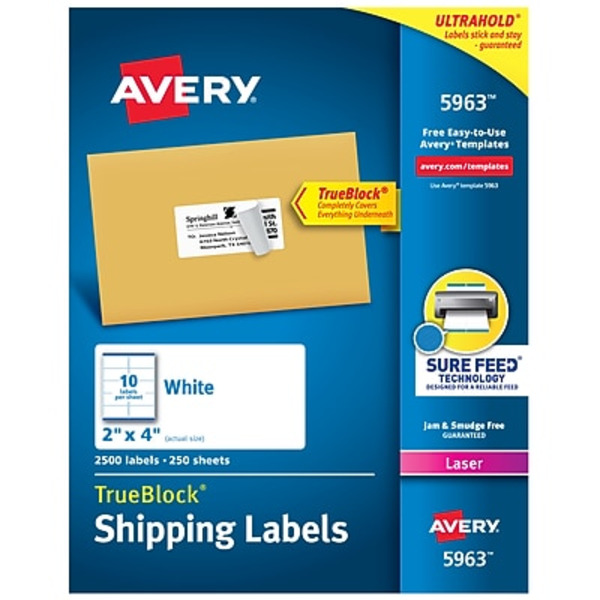 Avery (5963) Sure Feed Technology, 2"W x 4"L, White, 10/Sheet Laser Shipping Labels