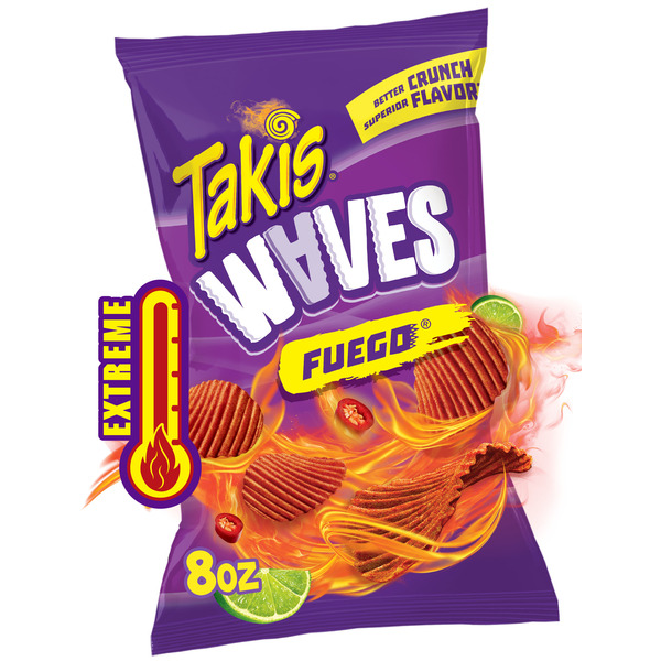 Takis Fuego Waves 8 oz Sharing Size Bag, Hot Chili Pepper & Lime Flavored Extreme Spicy Wavy Potato Chips