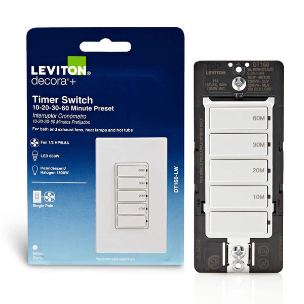 Leviton Decora 15a 60-minute Indoor In-wall Countdown Timer Switch 1/2 Hp/9.8a Fan/motor No Neutral Required Single-pole, White