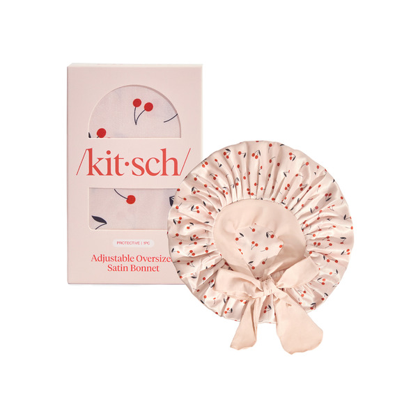 Kitsch Adjustable Oversized Satin Bonnet - Cherry Print