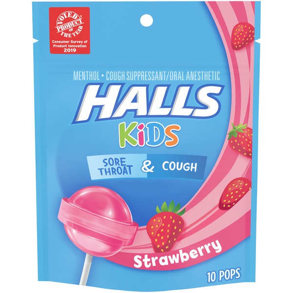 Halls Kids Strawberry Menthol Cough Suppressant/Oral Anesthetic Pops
