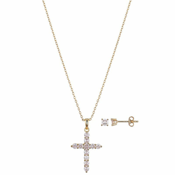 Gratitude & Grace Cubic Zirconia Stud Earrings & Round Stone Cross Pendant Necklace Set, Women's, Size: 18", Gold Tone