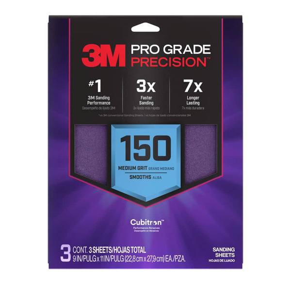 3m Pro Grade Precision 9 In. X 11 In. 150 Grit Faster Sanding Sheets With No-slip Grip Backing (3-pack)