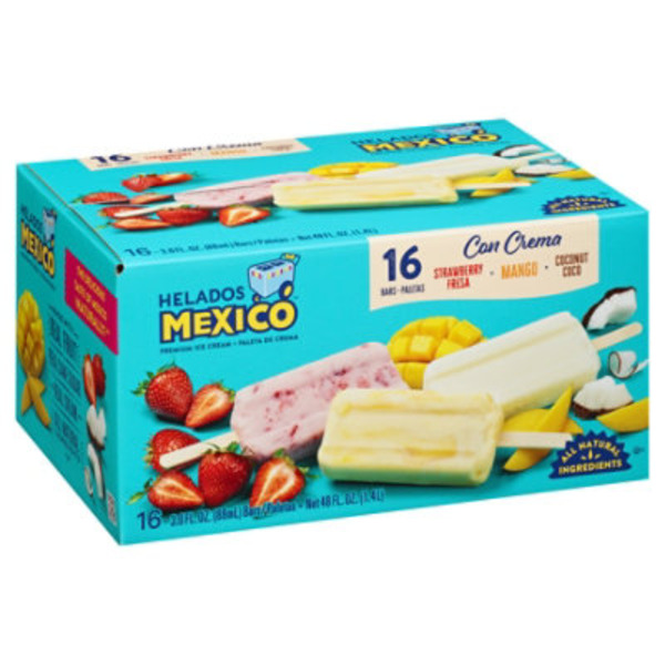 Helados Mexico Ice Cream Bars, Premium, Strawberry/Mango/Coconut