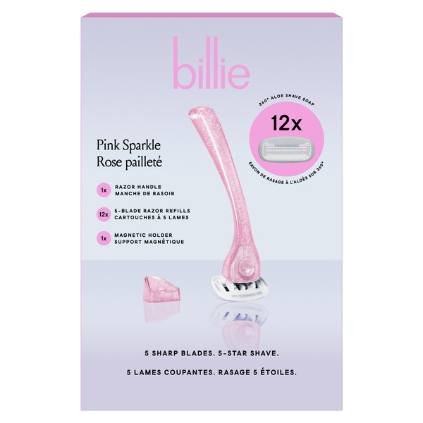 Billie Women's Pink Sparkle Razor Handle, Magnetic Holder & 12 Cartridges