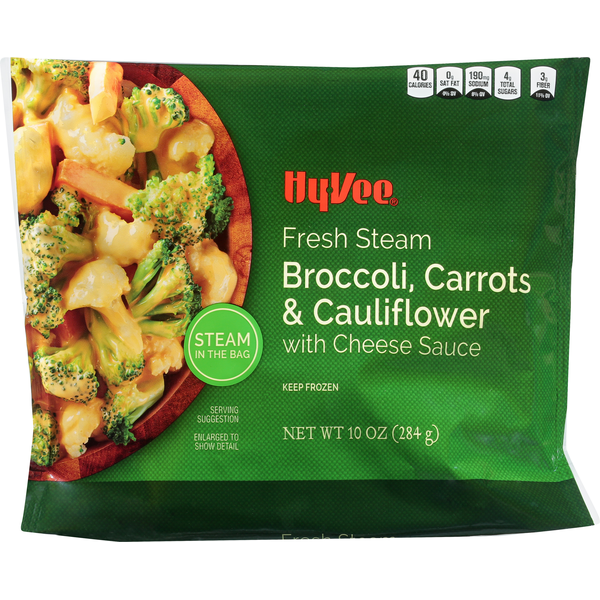 HyVee Broccoli, Carrots & Cauliflower with Cheese Sauce, Fresh Steam