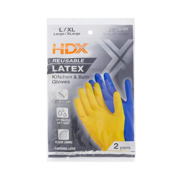 HDX Yellow And Blue 11 Mil L/xl Reusable Latex Kitchen And Bath Gloves (2-pair)