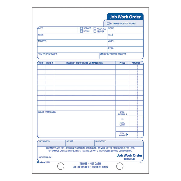 TOPS T5868 33 Sheets Per Book 3-Part Carbonless Job Work Order Book