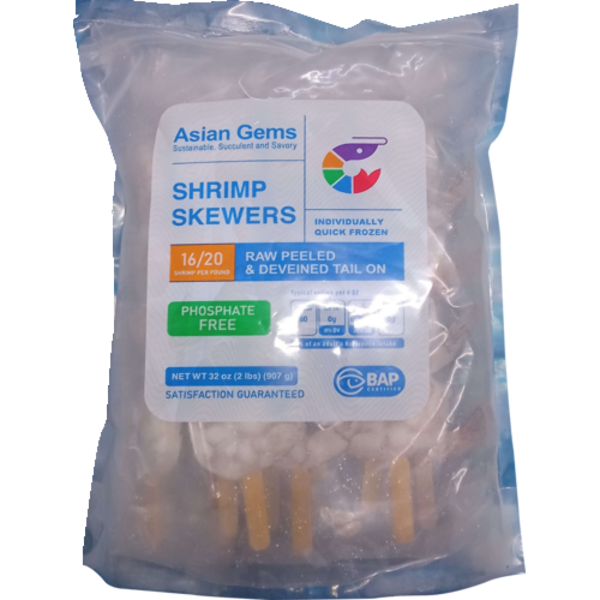 Asian Gems 16/20 Count Peeled & Deveined Tail On Raw Shrimp Skewers Farm Raised Frozen