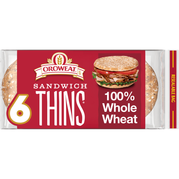 Oroweat Sandwich Thins, 6 ct, 100% Whole Wheat, Rolls, 4g Fiber, 30g , Thin Sandwich Bread, 12 oz