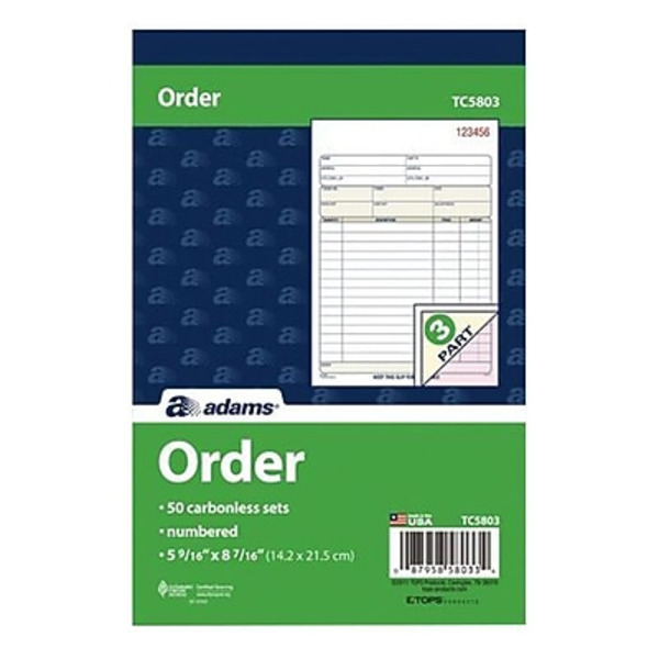 TOPS TC5803 3-Part 50-Sheets Carbonless Order Book