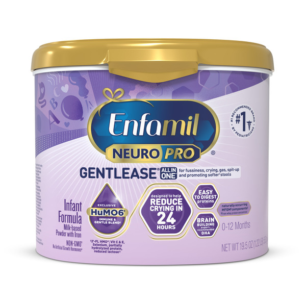 Enfamil® NeuroPro Gentlease Baby Formula, Infant Formula Nutrition, Brain Support with DHA, HuMO6 Immune Blend, Designed to Reduce Fussiness, Crying, Gas & Spit-up in 24 Hrs, Prebiotics to Promote Softer Stools, Reusable Tub, 19.5 oz