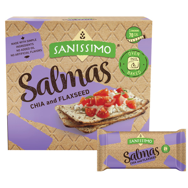 Sanissimo Salmas Chia & Flaxseed, Oven Baked Corn Crackers, Gluten Free, Non-GMO, Kosher Certified, 4.41 Ounce Box, 7 Packs of 3 Crackers Each