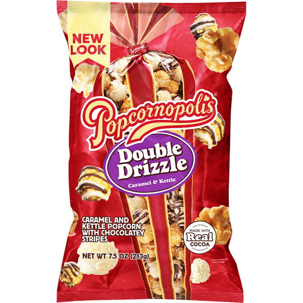Popcornopolis Double Drizzle Popcorn, Caramel & Kettle with Chocolatey Stripes, 7.5 oz Bag