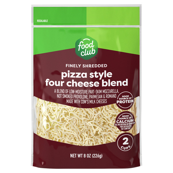 Food Club Finely Shredded Cheese, Four Cheese Blend, Pizza