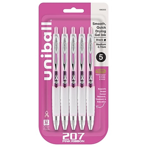 Uni-Ball Medium Point Black Ink Pink Ribbon Edition 207 Retractable Gel Pens