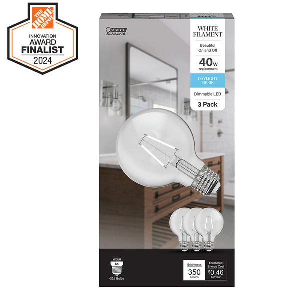 Feit Electric 40-watt Equivalent G25 Globe Dimmable White Filament Clear Glass E26 Led Vintage Edison Light Bulb Daylight 5000k 3-pack