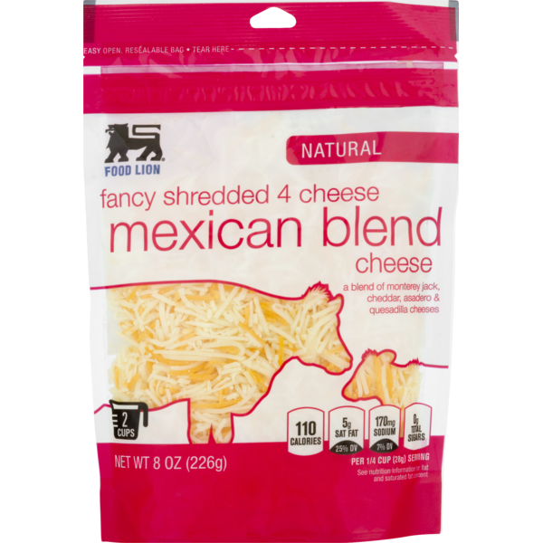 Food Lion Cheese, Fancy Shredded, Natural, Mexican Blend, Bag (8 oz