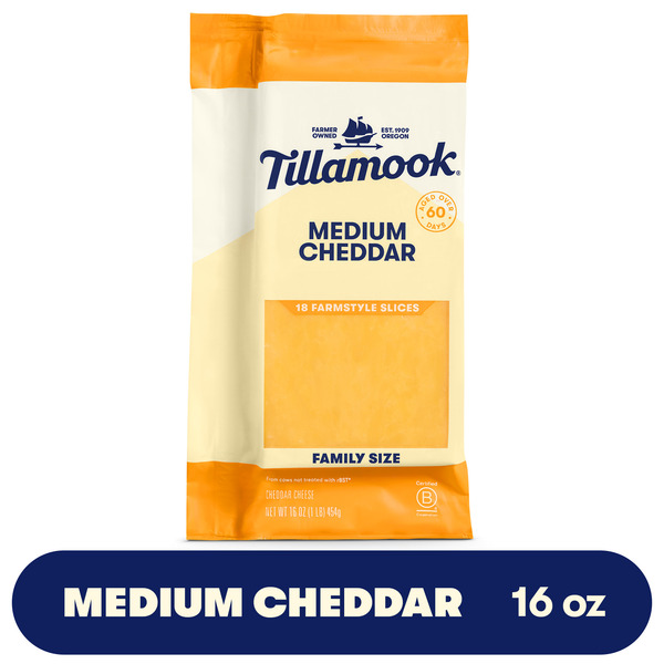 Tillamook Farmstyle Medium Cheddar Cheese Slices, 16oz, 18ct