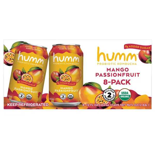 Humm Organic Mango Passion Kombucha, 12 fl oz, 8-count