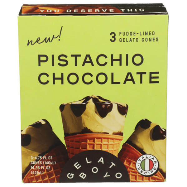 Gelato Boy Italian Pistachio Chocolate Fudge-Lined Gelato Cones 3 Pack