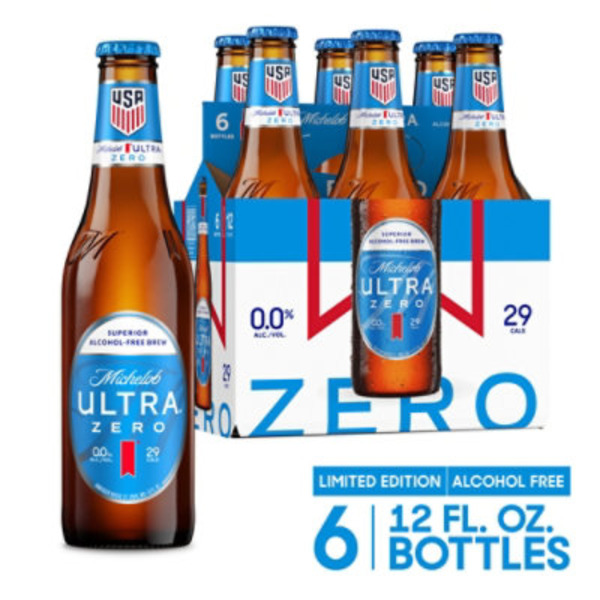 Michelob ULTRA Zero Non-Alcoholic American Lager Beer, 6 Pack 12 Fl Oz Glass Bottles