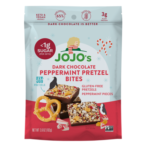 JOJO's Chocolate Dark Chocolate Bites Peppermint Pretzel + Plant