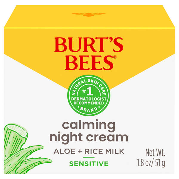 Burt's Bees Night Cream, Aloe + Rice Milk, Calming, Sensitive - 1.8