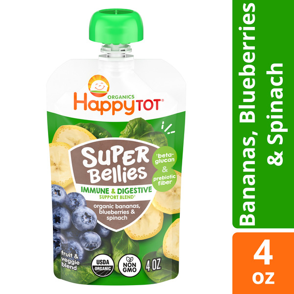 Happy Tot Organics Super Bellies Stage 4 Immune + Digestive Support Blend Organic Bananas, Spinach & Blueberries Pouch 4 oz UNIT