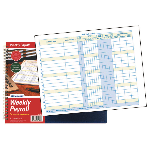 TOPS AFR50 8.5" x 11" Blue Weekly 20 Employee Capacity Spiral Binding Payroll Record Book