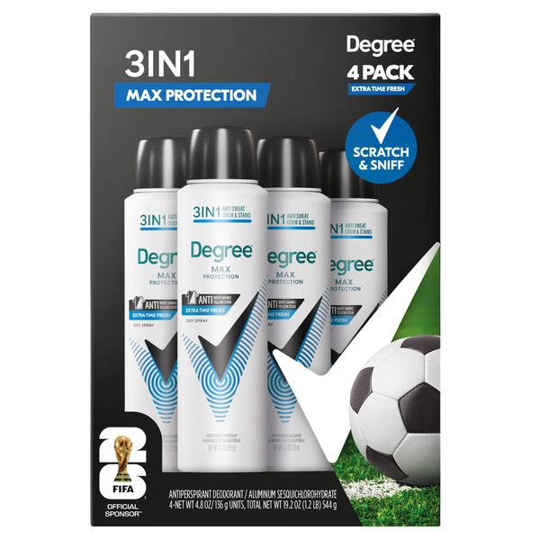 Degree Men's Max Protection 3 in 1 Fresh Dry Spray, 4.8 oz, 4-pack