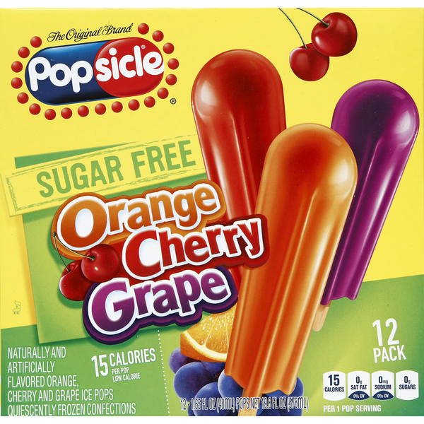 Popsicle Ice Pops, Sugar Free, Orange, Cherry, Grape, 12 Pack Same