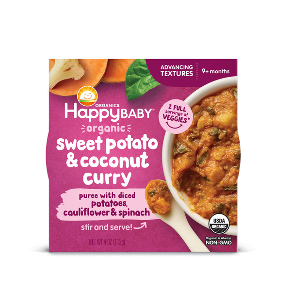 Happy Baby Organics Organics Advancing Texture Bowls, Sweet Potato & Coconut Curry Puree with Diced Potatoes, Cauliflower & Spinach Baby Food Bowl