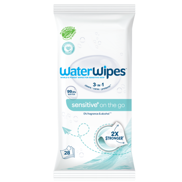 WaterWipes Sensitive+ On The Go Wipes, 3-In-1 Cleans, Cares, Protects, 99.9% Water