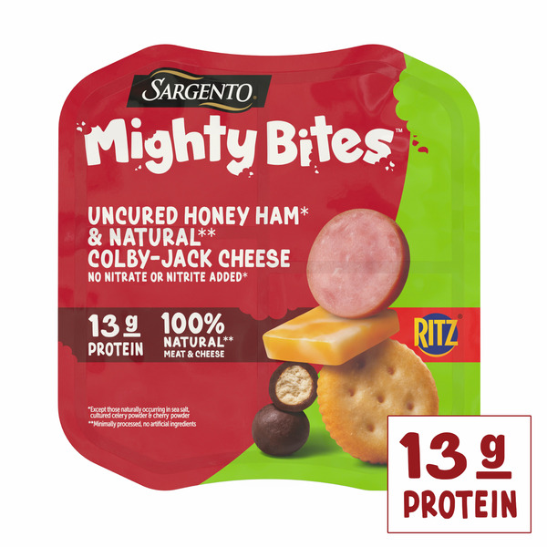 Sargento Mighty Bites™ Uncured Honey Ham, Natural Colby-Jack Cheese, RITZ® Mini Crackers, Cocoa Covered Pretzel Balls Snack Kit, 2.8 oz
