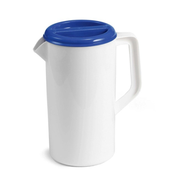Tablecraft - White Pitcher w/ Blue 3 Way Sanitary Lid, 2.5 Liter