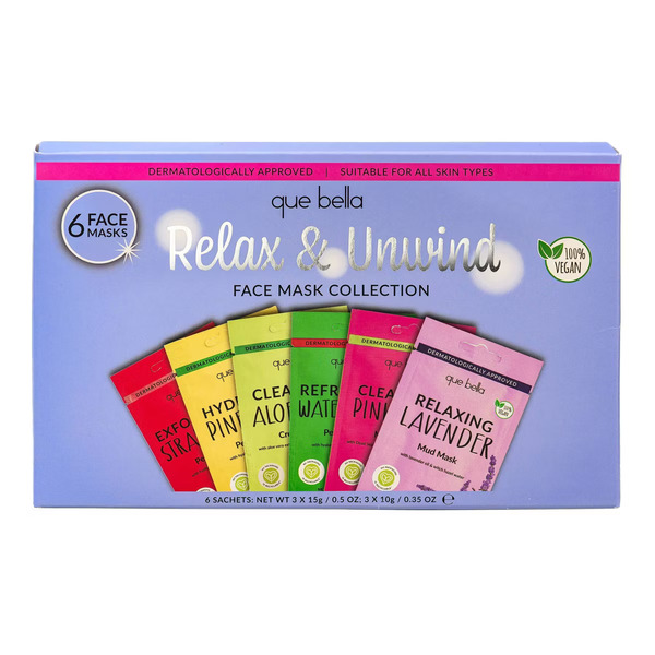 Que Bella Bath & Beauty Relax & Unwind Face Mask Collection - Pineapple Peel Off Mask Watermelon Peel Off Mask Aloe Vera Cream Mask Lavender Mud Mask Strawberry Peel Off Mask Tea Tree Mud Mask