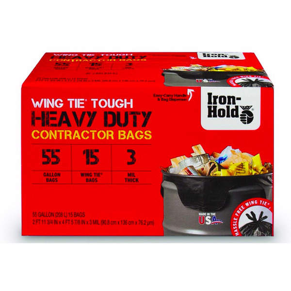 Iron-Hold Contractor Bags, Heavy Duty, Wing Tie Tough, 55 Gallon