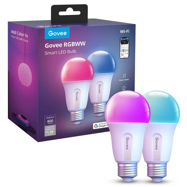 Govee Wifi Rgbww Smart A19 Led Bulb 800lm 60w Eq Dimmable 2 Pack