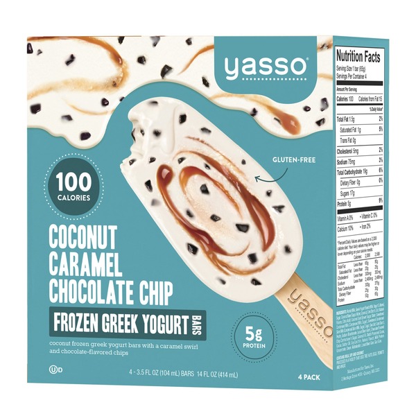Yasso Frozen Greek Yogurt, Coconut Caramel Chocolate Chip Bars, 4 pack