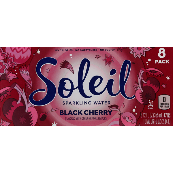 Soleil Sparkling Water, Black Cherry, 8 Pack