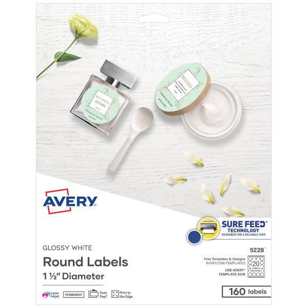 Avery Glossy White Print-To-The-Edge Easy Peel Round Labels, 1-1/2 in Diameter