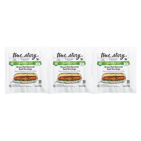 True Story Organic Grass-Fed Uncured Beef Hot Dogs, 10 oz, 3-count