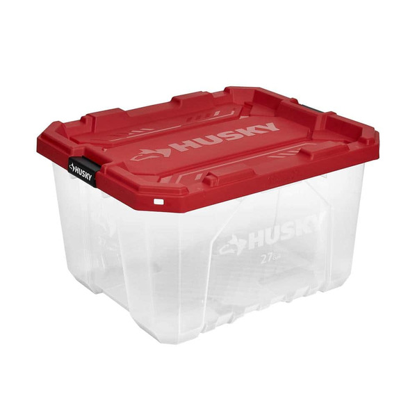 Husky 27 Gal. Pro Grip Storage Tote In Clear With Red Lid